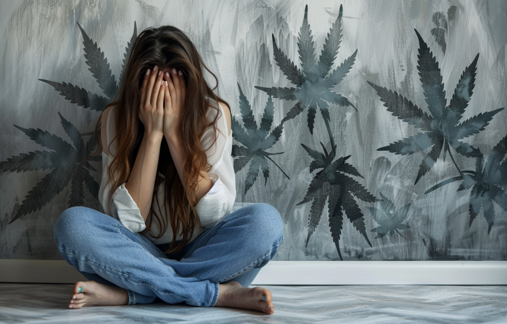 A woman sitting on the floor with her hands covering her face, for Reducing Anxiety with alternative therapy