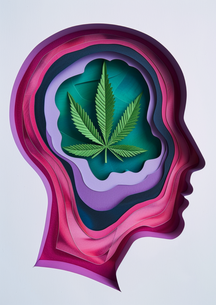 Minimalist paper cut art of a head with a cannabis leaf inside, 