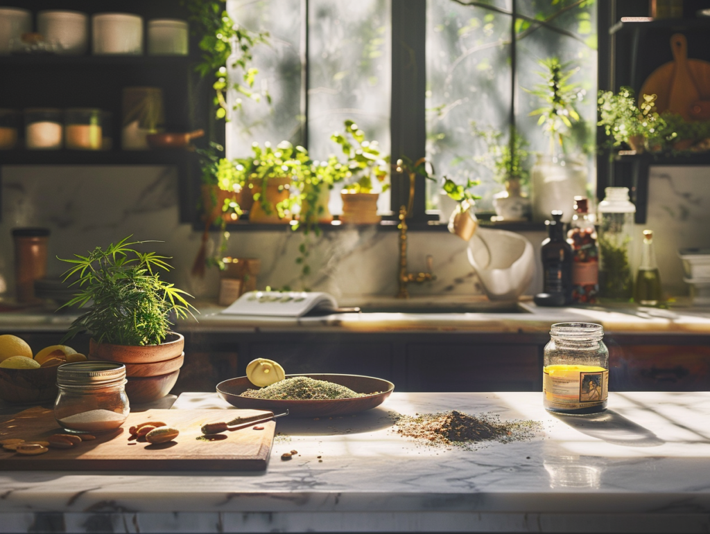 vibrant and cozy kitchen scene where an individual is meticulously preparing cannabis-infused edibles.